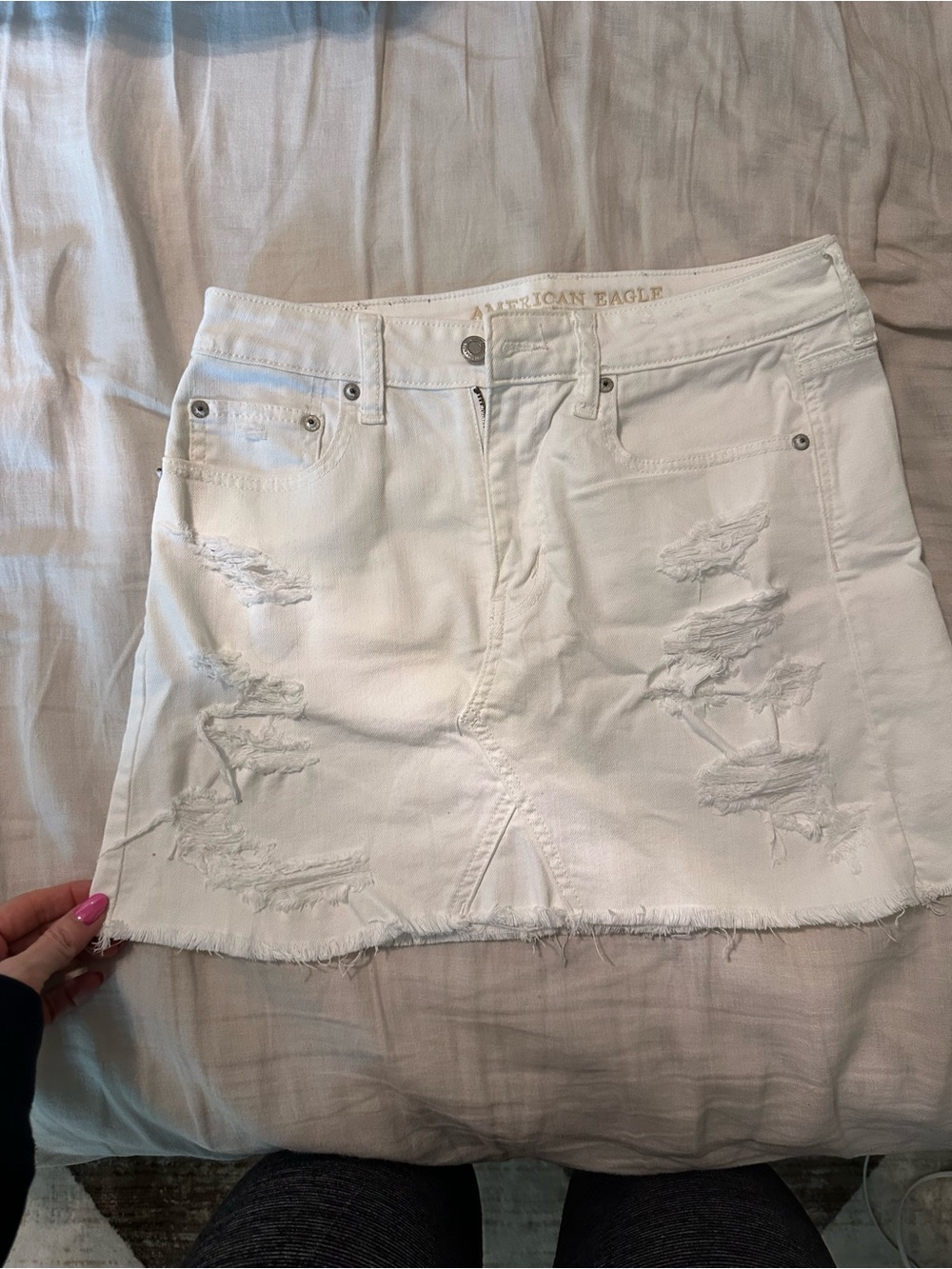 American Eagle Outfitters White Distressed Denim Mini Skirt with Frayed Hem